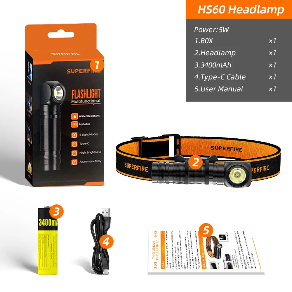 Lampe Frontale LED  Rechargeable avec Batterie Type-C