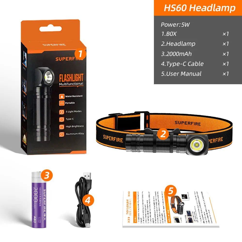 Lampe Frontale LED  Rechargeable avec Batterie Type-C